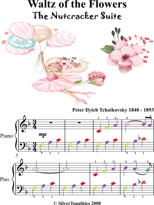 Cover image for Waltz of the Flowers Nutcracker Suite Easy Piano Sheet Music with Colored Notes